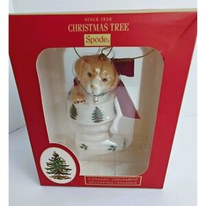 Spode Christmas Tree Puppy in Stocking Ceramic Ornament Holiday Decor NIB